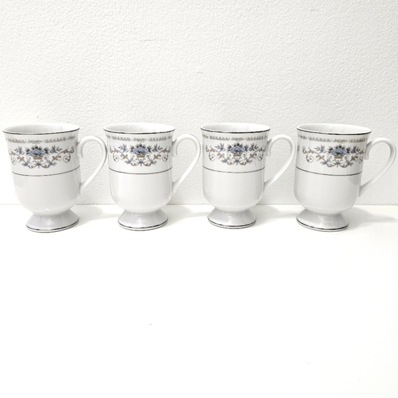 Diane by Fine China of Japan Blue Flower Scrolls - Set of 4 Footed Coffee Cups - Picture 5 of 16